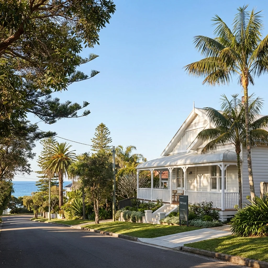 A Northern Beaches property, weatherboard cottage or Federation-era home, on a tree-lined coastal street on a clear day.