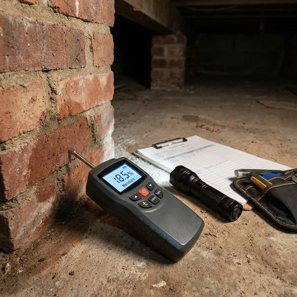 Inspector assessing brickwork or subfloor moisture, professional on-site inspection photo